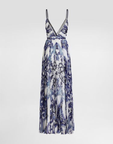 Šaty Dolce & Gabbana Dolce & Gabbana Majolica-Print Pleated Chiffon Dress Modrá | I6KH6WFSSK7HX3TN, 1