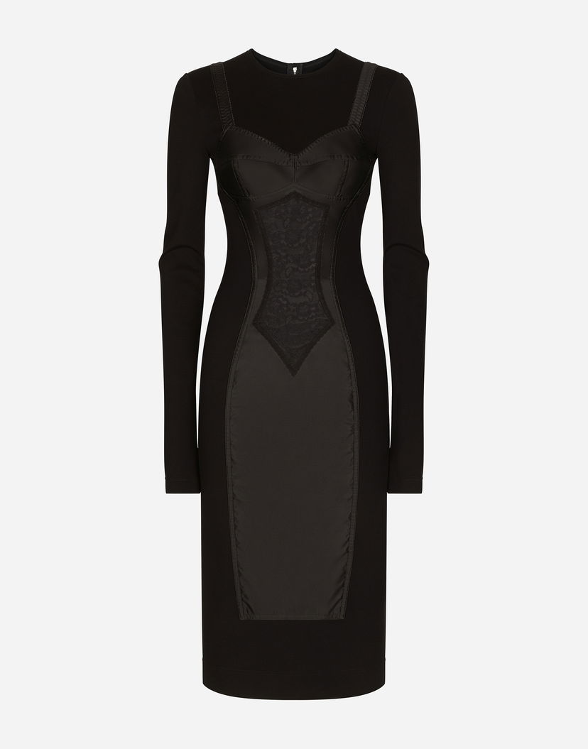 Šaty Dolce & Gabbana Dolce & Gabbana Long Sleeve Bustier Lace Panel Midi Dress Viscose Čierna | F6ARFTFUGKFN0000