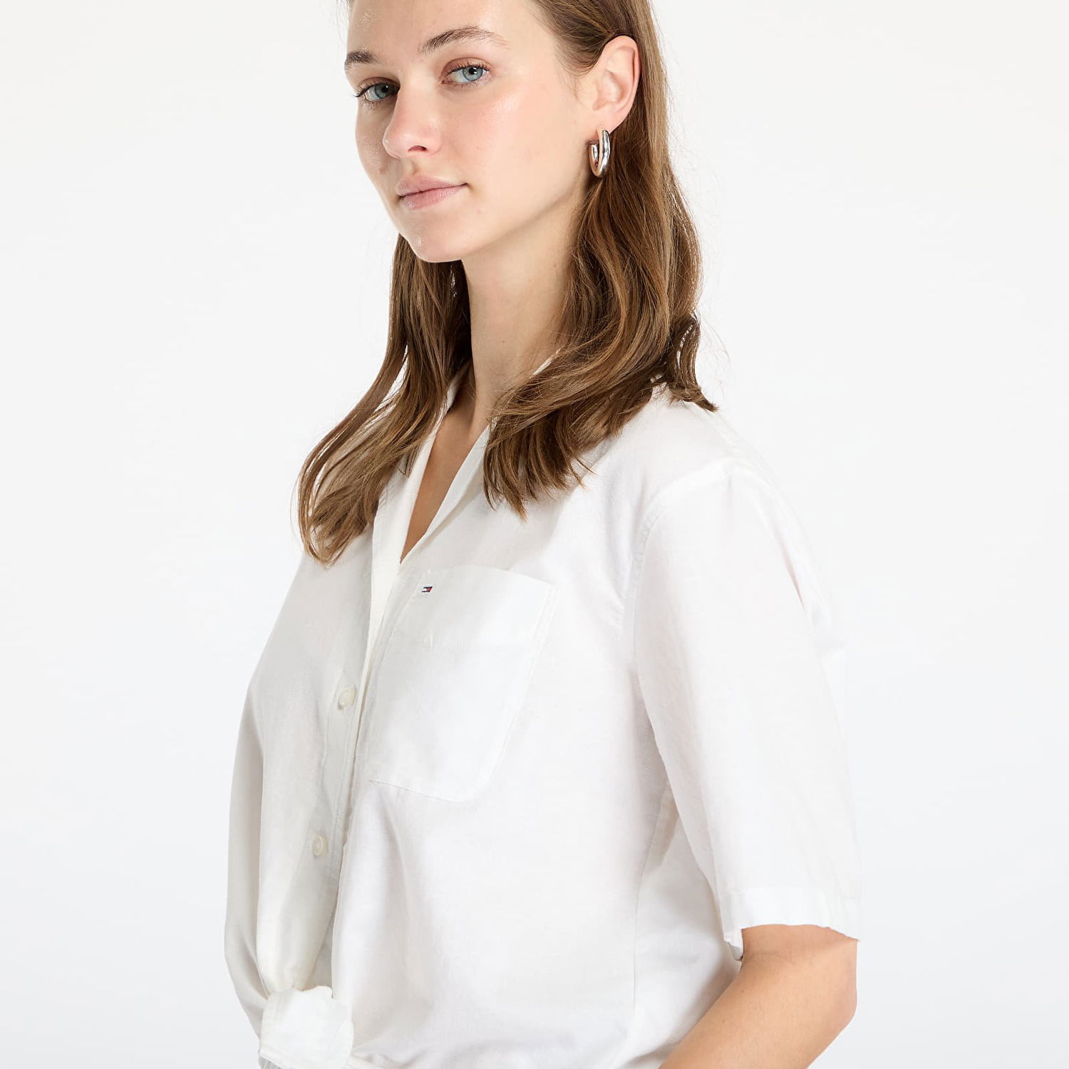Košeľa Tommy Hilfiger Tommy Jeans Women's Cropped Linen Short Sleeve Shirt Biela | DW0DW20286 YBL, 1