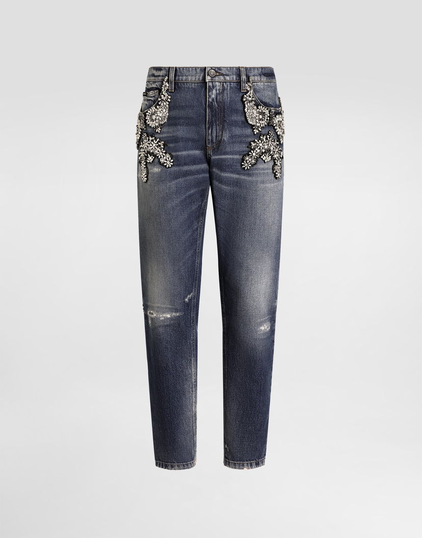 Džínsy Dolce & Gabbana Embellished Distressed Denim Jeans 52 Modrá | GYJDAZG8OK1S9001