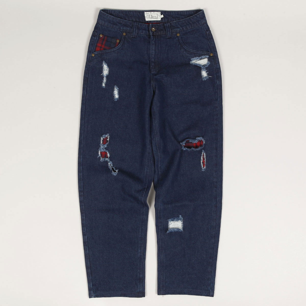 Baggy Denim Pants With Plaid Patches