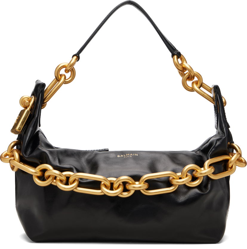 Taška cez rameno Balmain Medium Leather Chain Sync Bag Čierna | FN0BS002LMTE