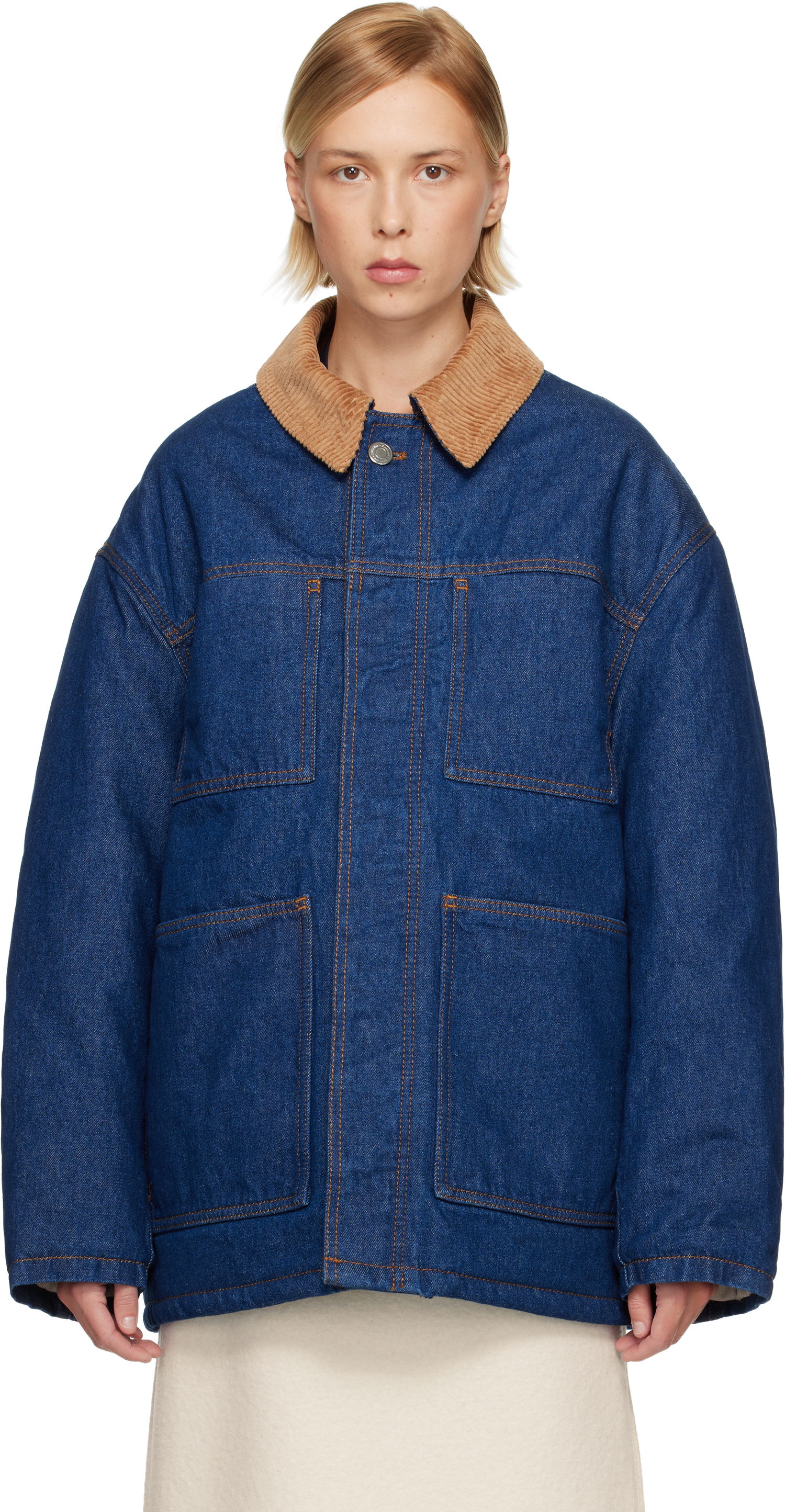 Bunda AMI Padded Worker Denim Jacket with Corduroy Collar Modrá | H25UJK834.DE0104, 0