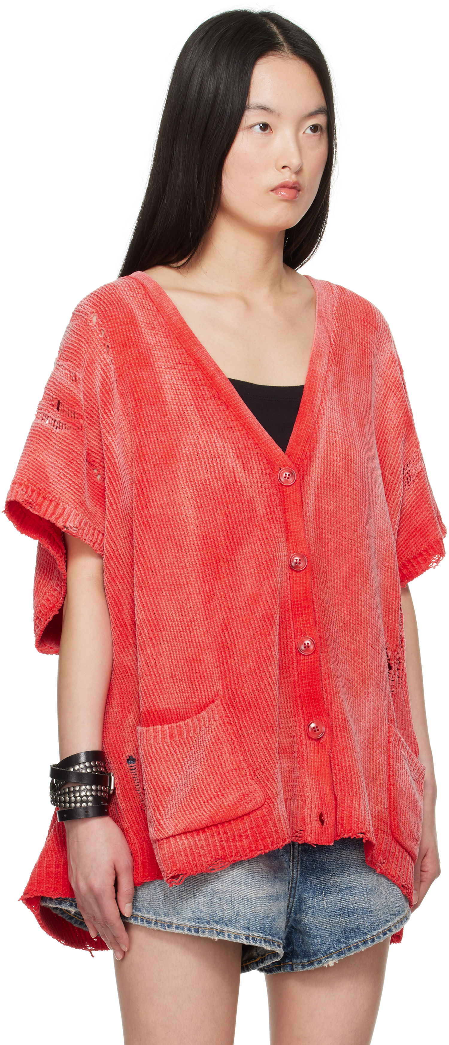 Sveter R13 R13 Distressed Boxy Cardigan Červená | R13WY285-Y202B, 1
