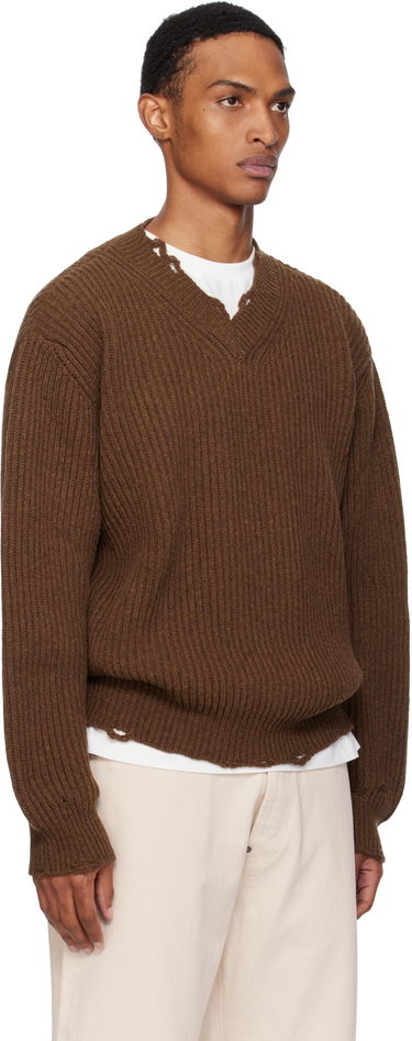 Sveter Maison Margiela MM6 Maison Margiela Ribbed Wool Knit V-Neck Sweater Hnedá | SH0HN0003 M13138, 1