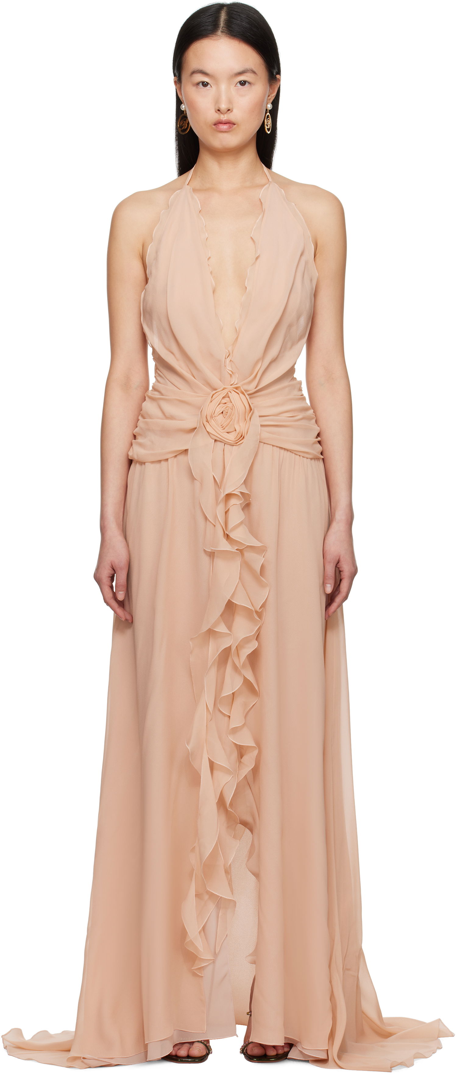 Šaty Blumarine Blumarine Georgette Maxi Dress with Ruffle Detail Béžová | P522A568A, 0