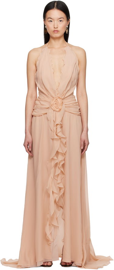 Šaty Blumarine Blumarine Georgette Maxi Dress with Ruffle Detail Béžová | P522A568A, 0
