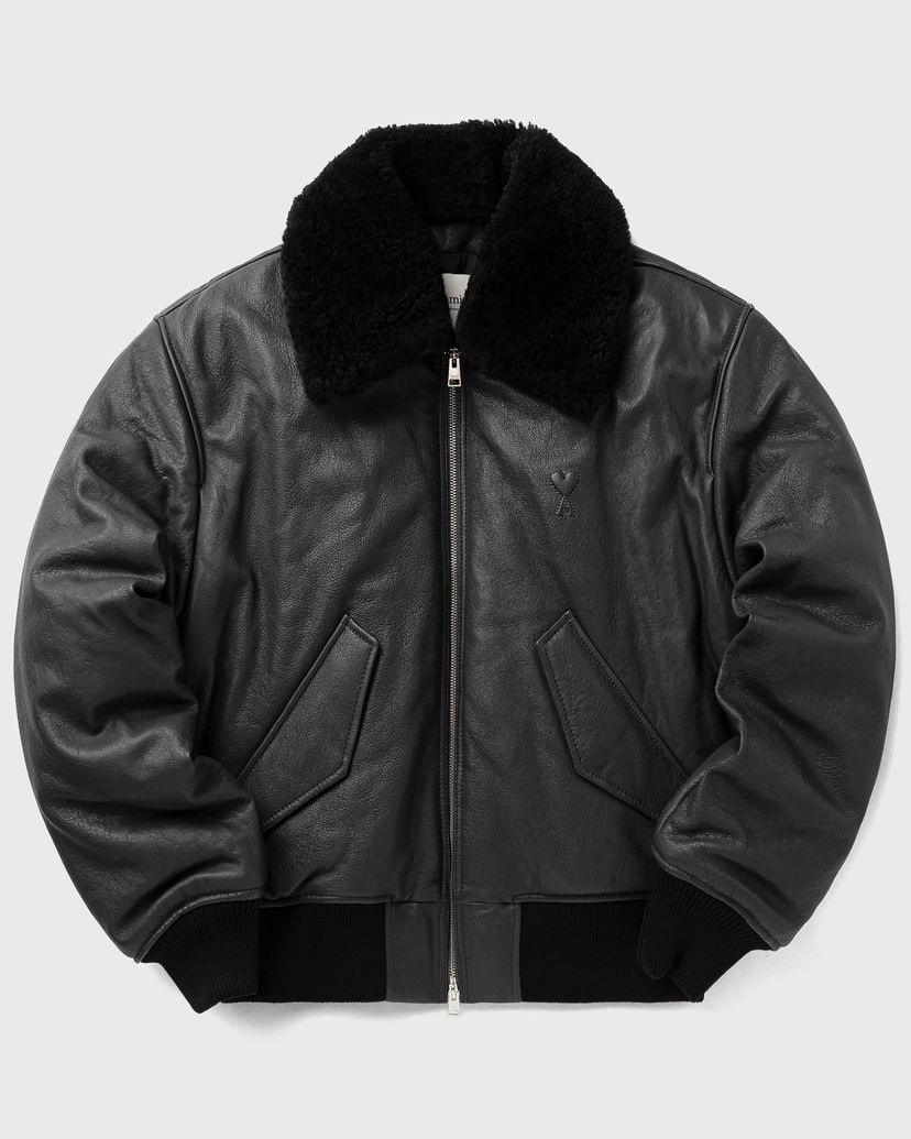 Bomber bunda AMI Leather Bomber Jacket with Shearling Collar Čierna | HJK857.LH0044-020