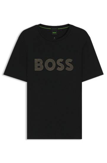 Tričko BOSS Pima-Cotton T-Shirt with Gloss BOSS Logo Čierna | 50543796, 0