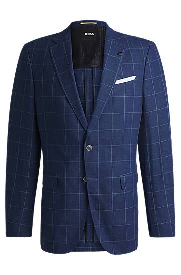 Bunda BOSS BOSS Slim-Fit Checked Linen-Blend Jacket Modrá | 50540502, 0