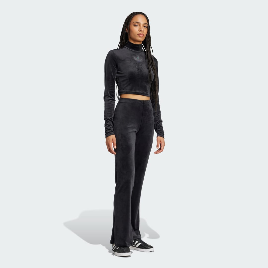 Long Sleeve Rhinestone Trefoil Velvet Crop Top