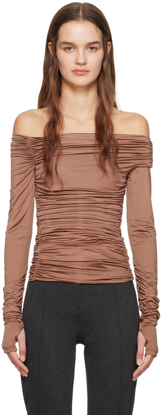 Tričko Helmut Lang Ruched Long Sleeve Top Hnedá | N10HW513, 0