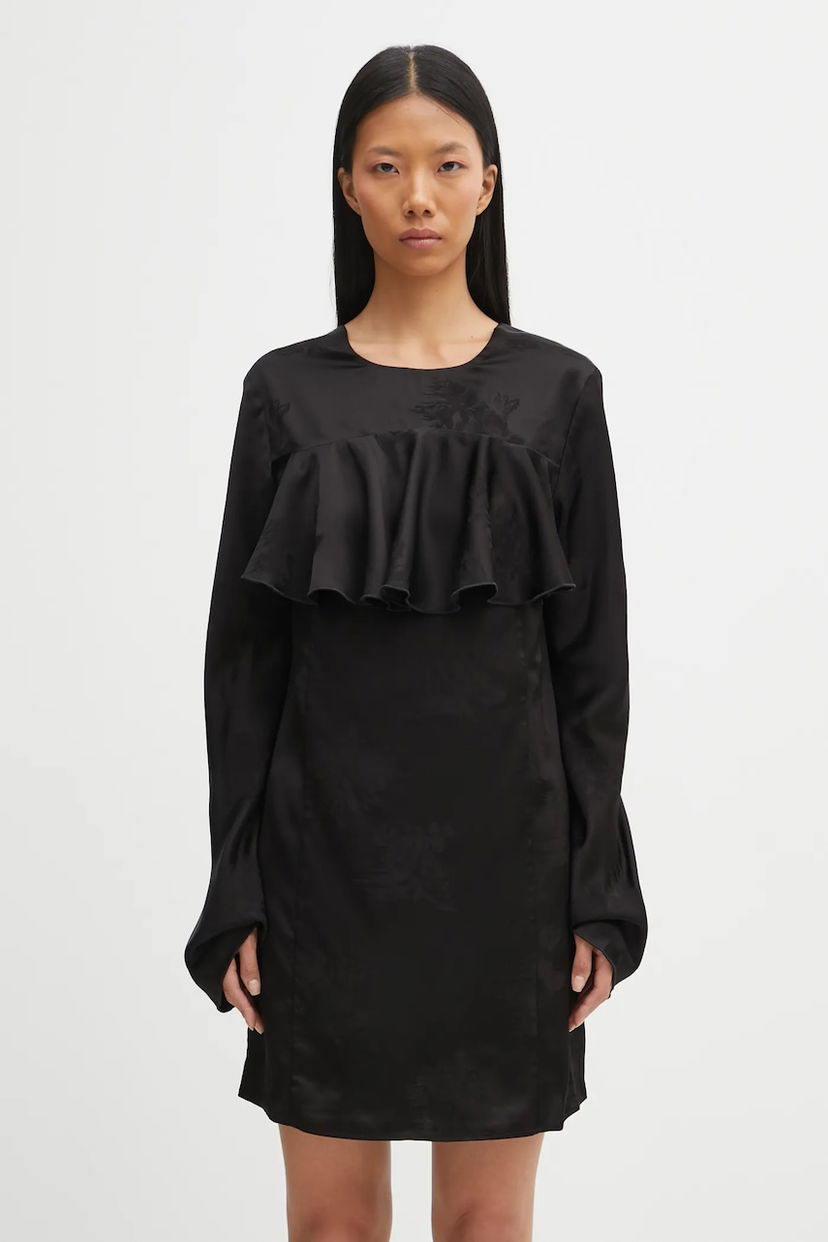 Šaty GANNI Fluid Satin Jacquard Mini Ruffle Mini Dress Čierna | W0792