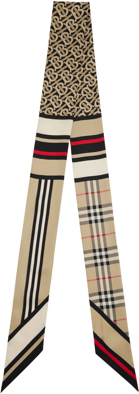 Šál Burberry Skinny Montage Silk Scarf Béžová | 8037017, 0