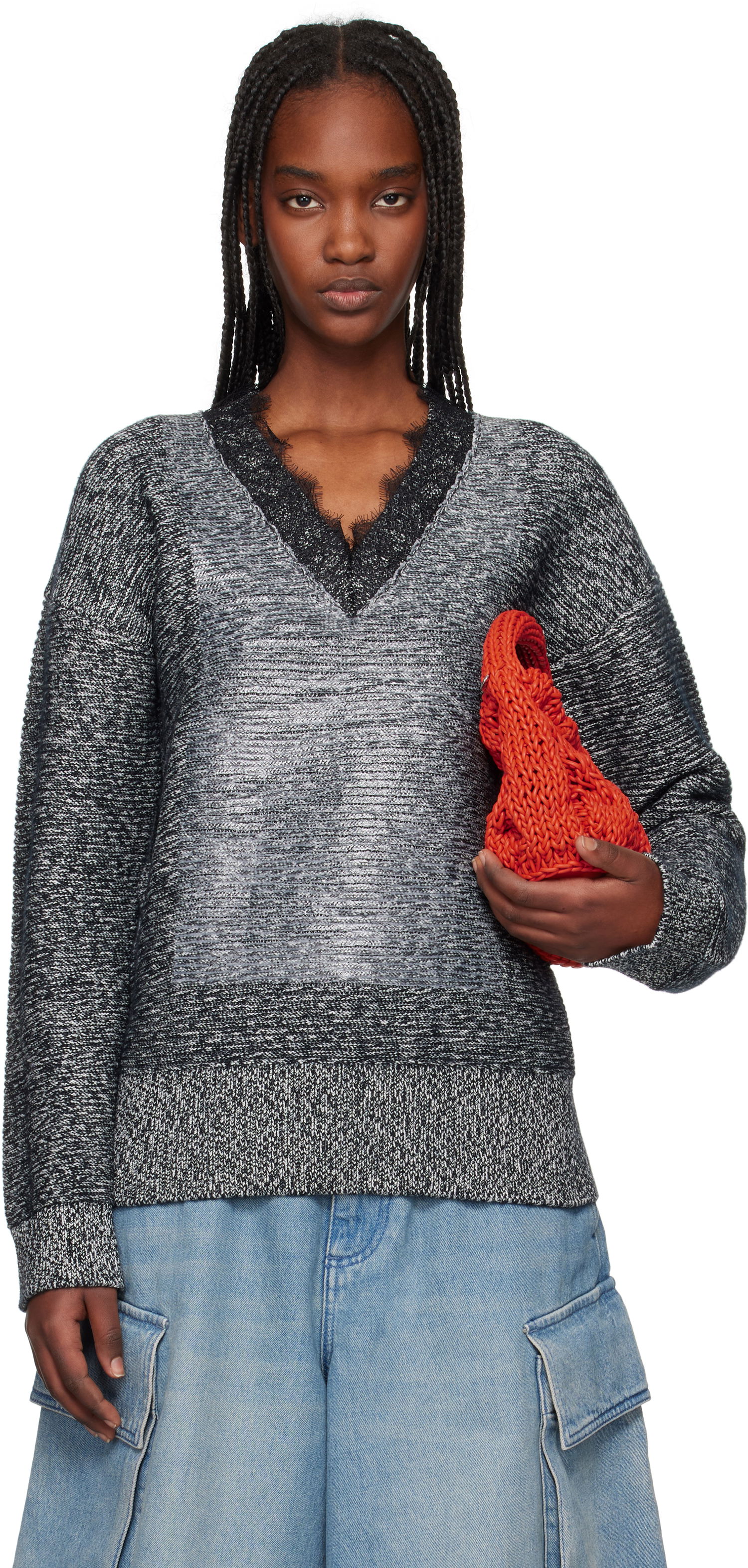 Sveter JW Anderson JW Anderson V-Neck Lace Trim Sweater Šedá | KW1400-YN0402, 0