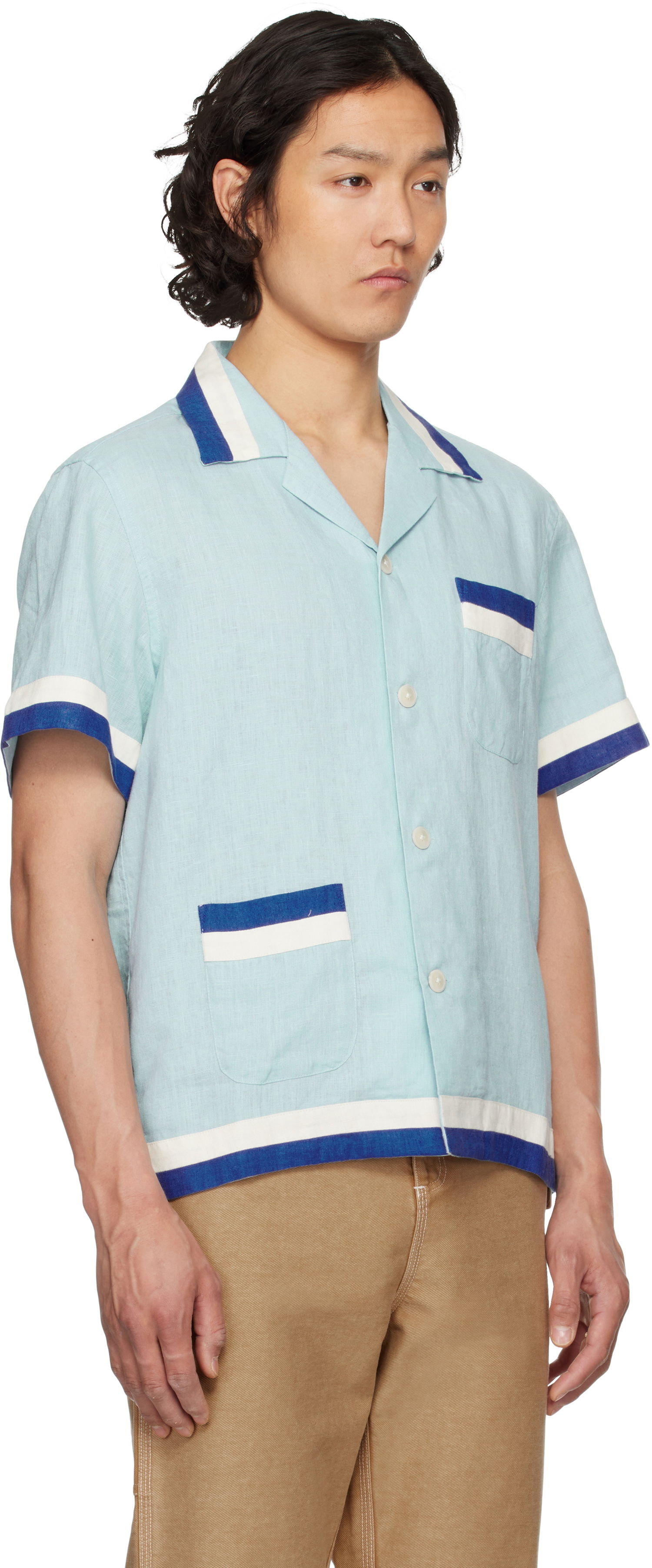 Košeľa Bode Bode Seedling Stripe Linen Resort Shirt Modrá | MRS25SH031, 1
