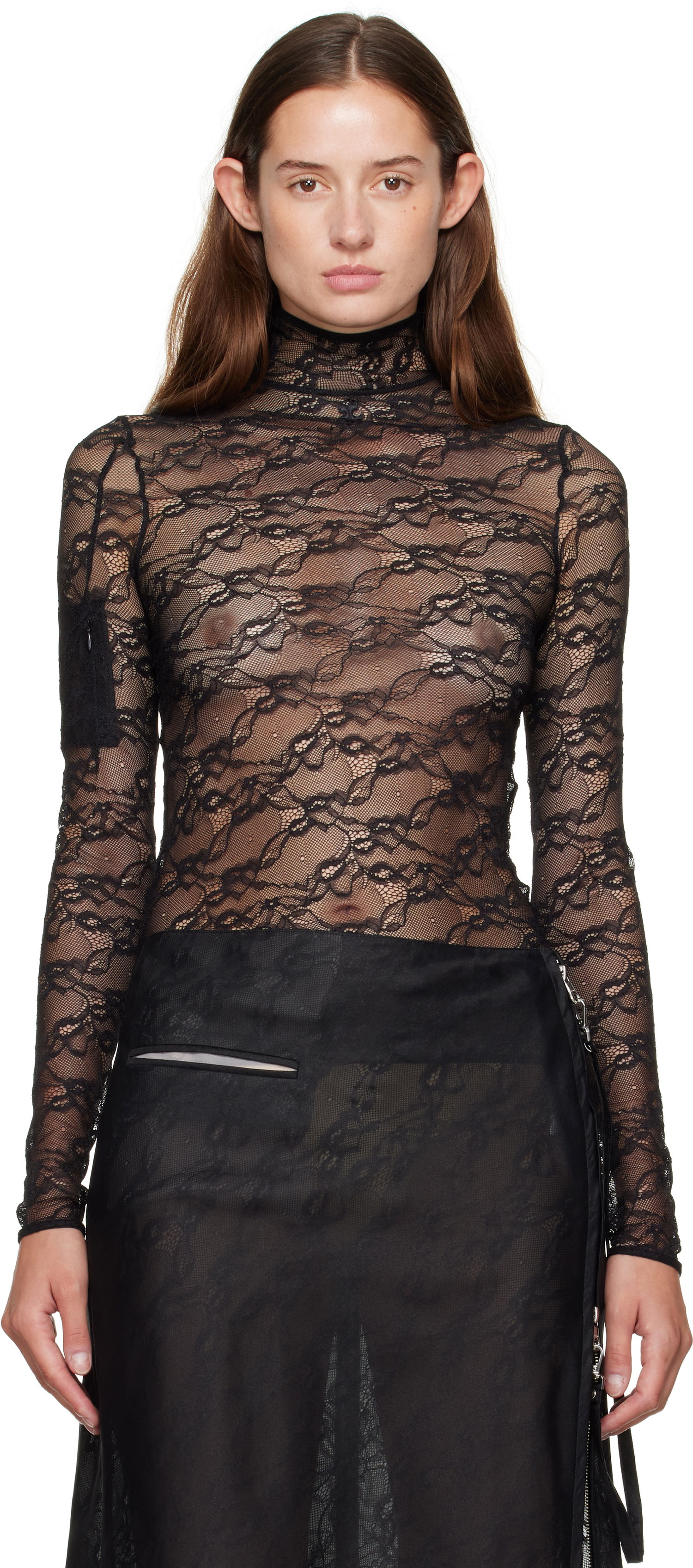 Tričko Courrèges Courrèges Lace Mock Neck Long Sleeve Top Čierna | 325CTO444PA0132, 0