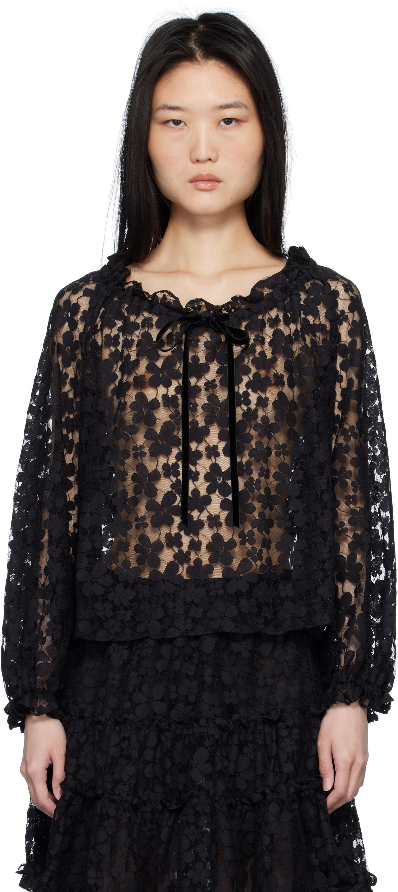 Shadow Blossom Elastic Lace Blouse