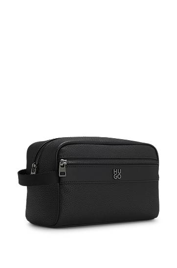 Cestovná taška BOSS HUGO Grained Faux-Leather Washbag with Logo Trim Čierna | 50552293, 1