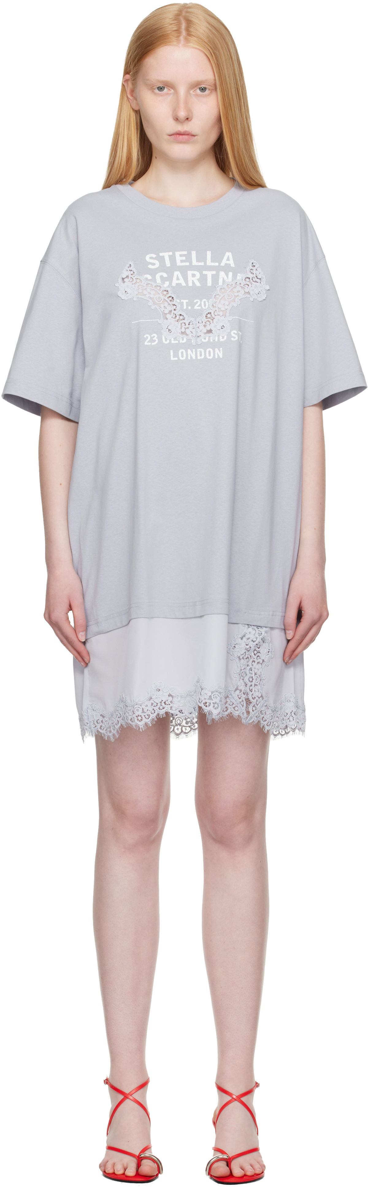 Šaty Stella McCartney Stella McCartney Lace-Insert Graphic T-Shirt Minidress Šedá | 6J04063SPZ99, 0