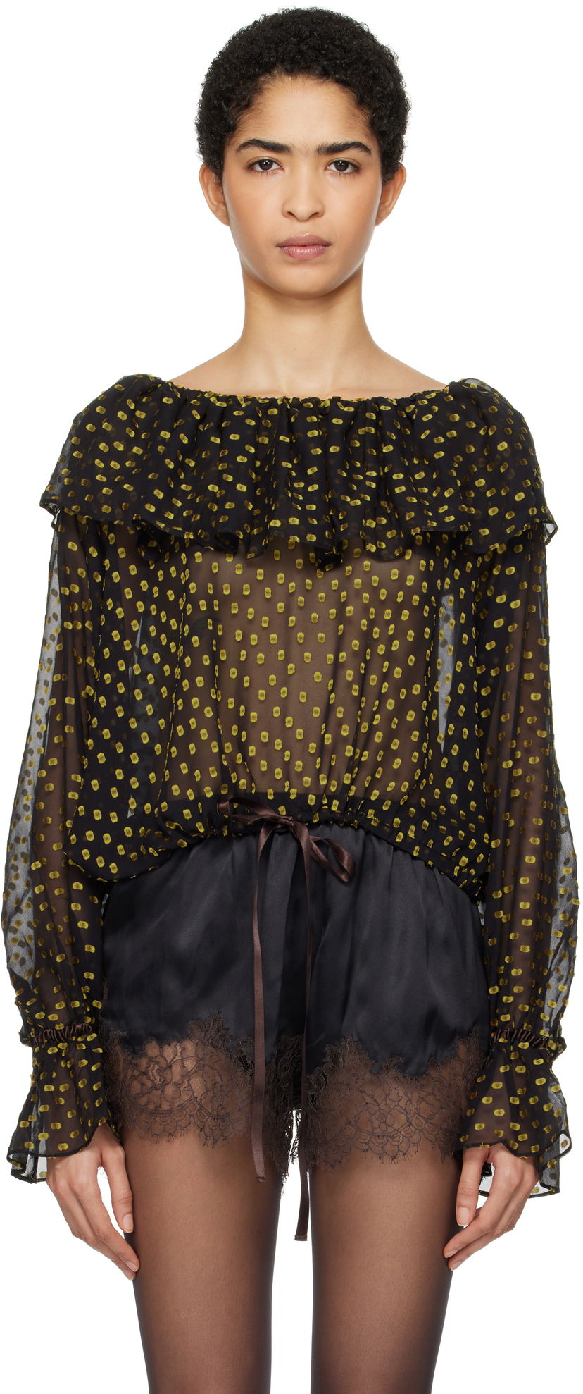 Košeľa Bode Dot Print Ruffle Off Shoulder Blouse Čierna | WRF24SH032