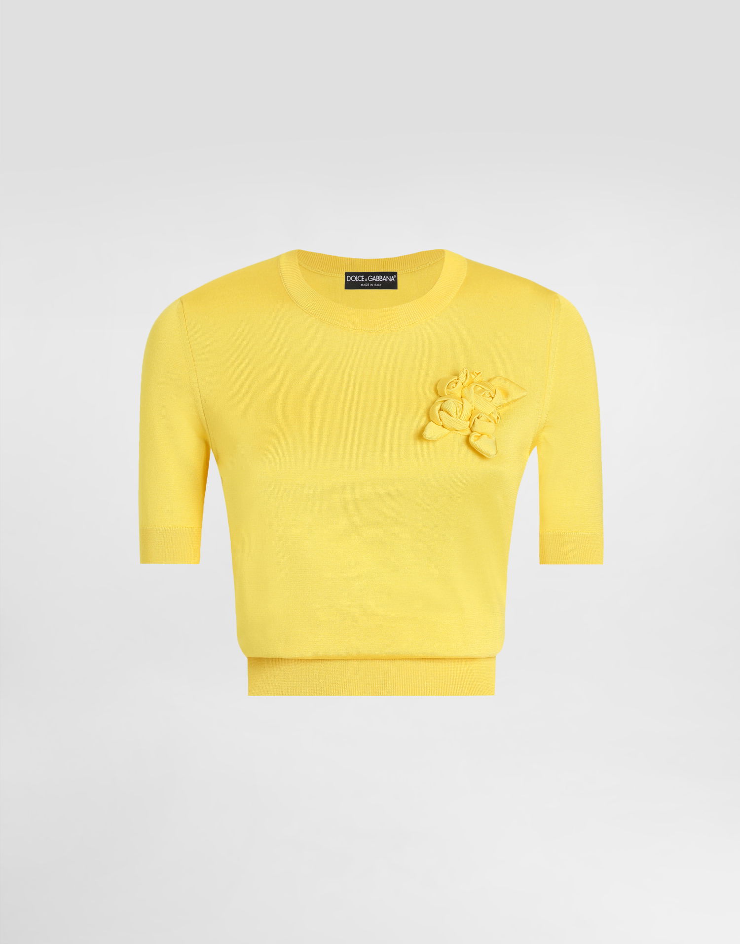 Sveter Dolce & Gabbana Dolce & Gabbana Silk Short-Sleeved Sweater with 3D Flower Embellishment Žltá | FXX03ZJBSKYA0177, 0