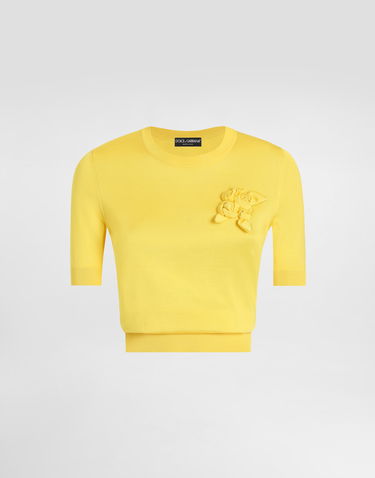 Sveter Dolce & Gabbana Dolce & Gabbana Silk Short-Sleeved Sweater with 3D Flower Embellishment Žltá | FXX03ZJBSKYA0177, 0
