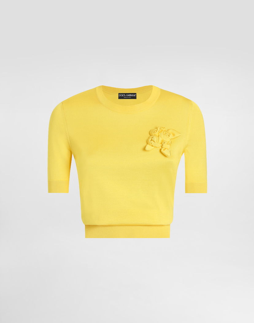 Sveter Dolce & Gabbana Dolce & Gabbana Silk Short-Sleeved Sweater with 3D Flower Embellishment Žltá | FXX03ZJBSKYA0177