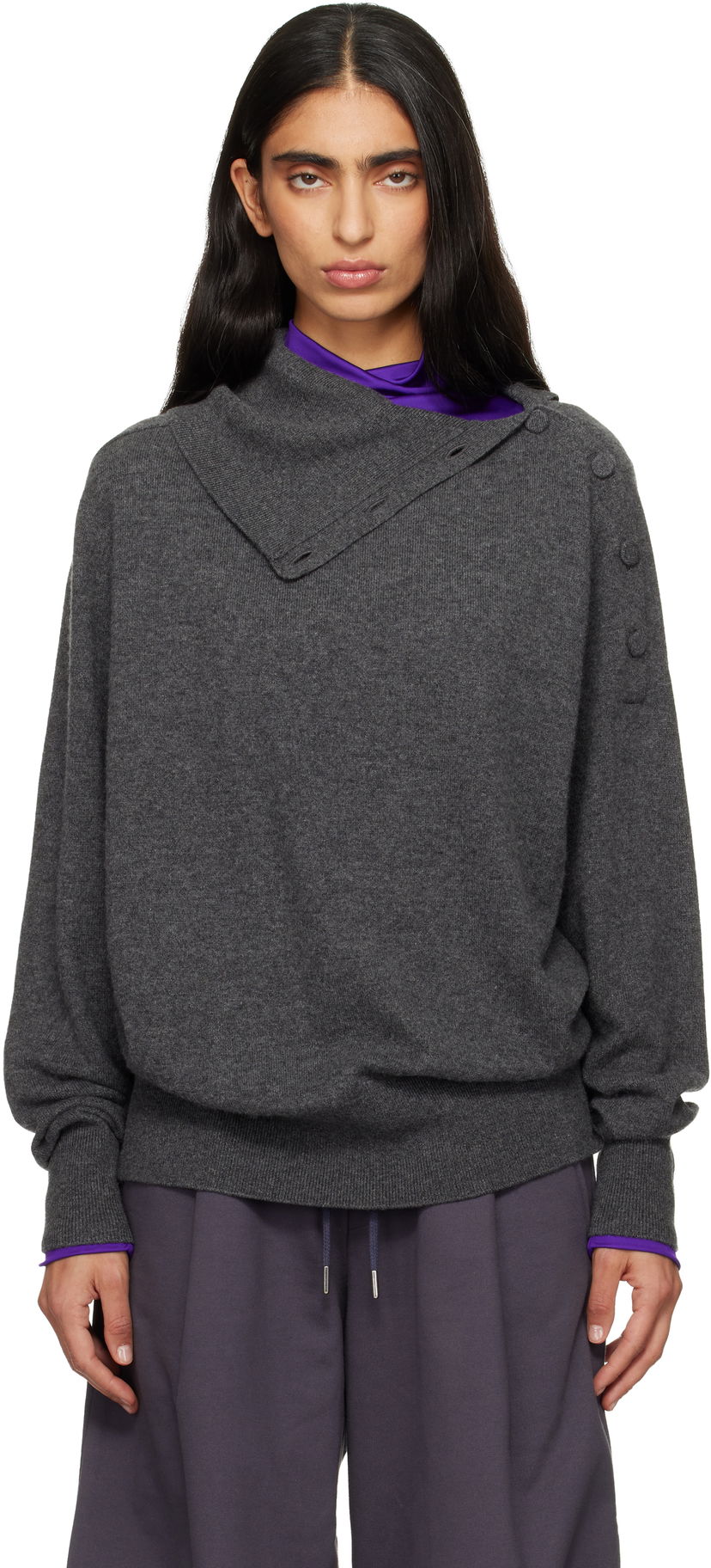 Sveter Dries Van Noten Dries Van Noten Loose Cashmere Asymmetric Buttoned Collar Sweater Šedá | 252-011216-2704