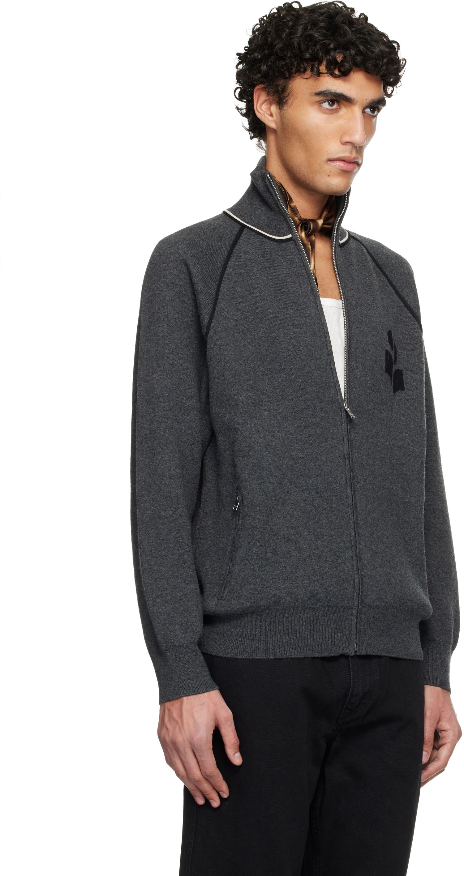Sveter ISABEL MARANT Sergio Full-Zip Knit Cardigan with Contrast Piping and Embroidered Logo Šedá | CA0171HA-D1L06H, 1