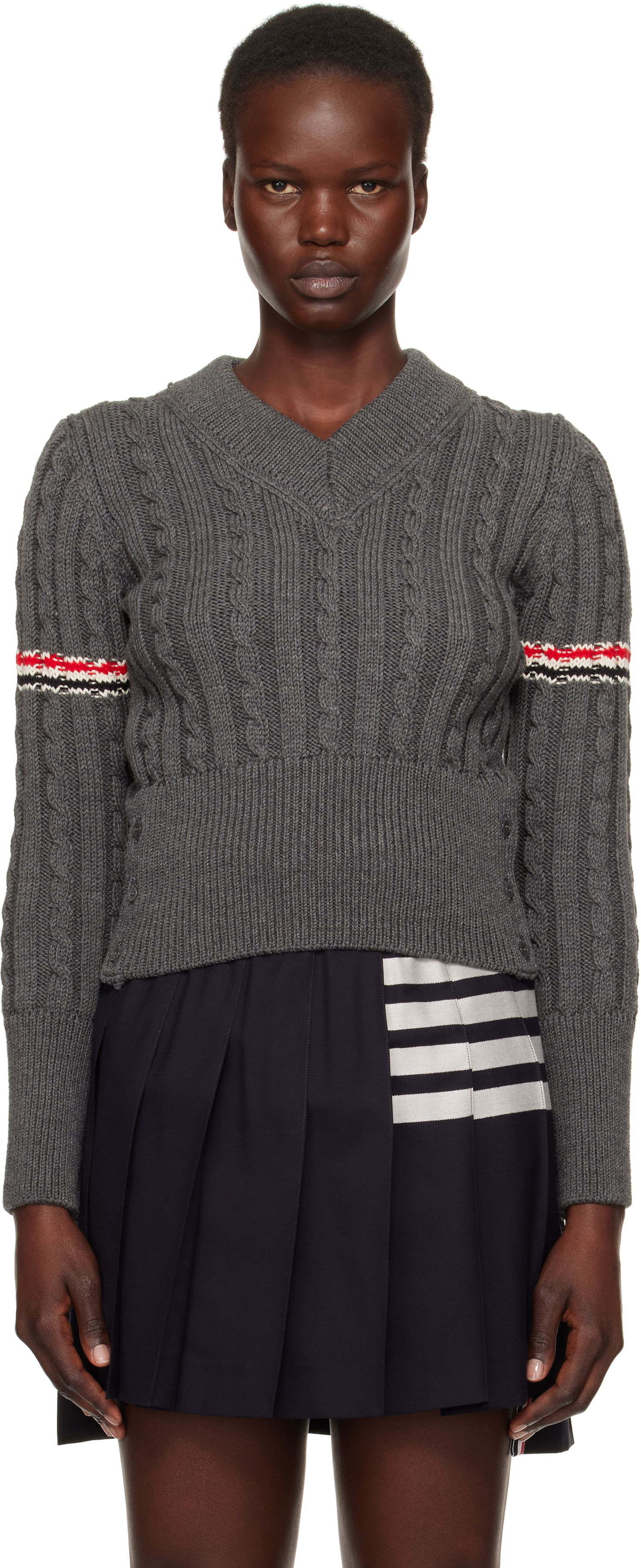 Sveter Thom Browne Classic Cable V-Neck Wool Sweater Modrá | FKA479A-Y1024, 0