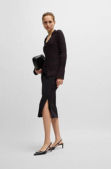 Sveter BOSS BOSS Ribbed Stretch Fabric V-Neck Cardigan with Collar Čierna | 50518366, 1