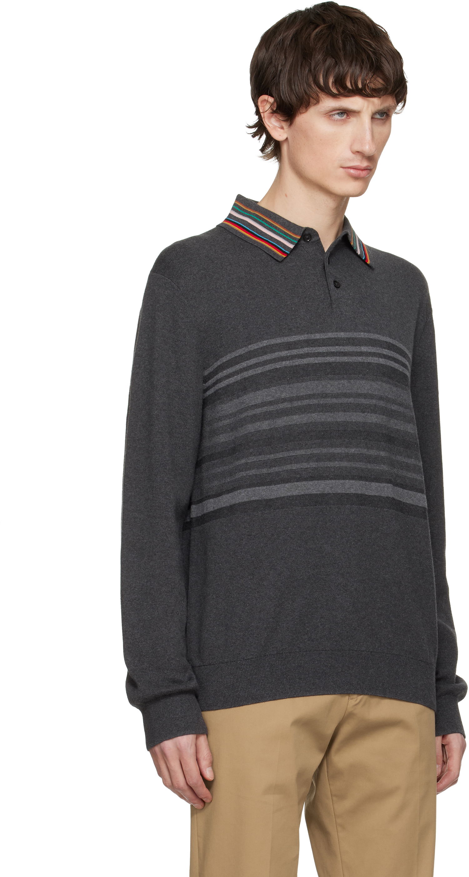 Polo tričko Paul Smith Paul Smith Organic Cotton Long-Sleeve Striped Collar Polo Shirt Šedá | M1R-533Z-T02764-78, 1