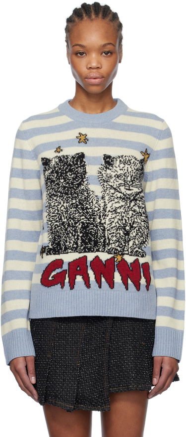 Sveter GANNI GANNI Graphic Cat Striped Sweater Modrá | K2369, 0