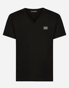 Cotton V-neck T-shirt With Branded Tag