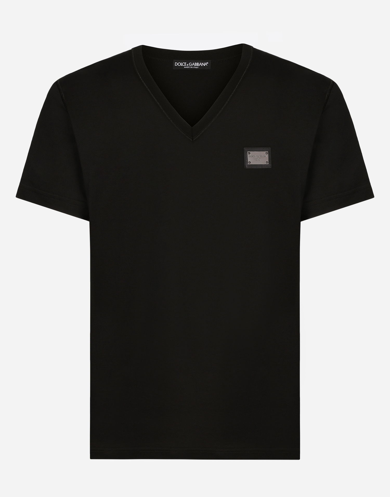 Tričko Dolce & Gabbana Cotton V-neck T-shirt With Branded Tag Čierna | G8PT2TG7F2IN0000, 0