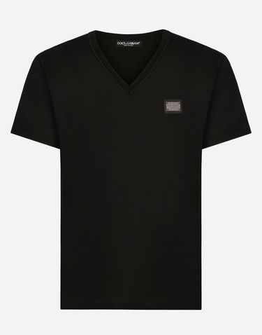 Tričko Dolce & Gabbana Cotton V-neck T-shirt With Branded Tag Čierna | G8PT2TG7F2IN0000, 0