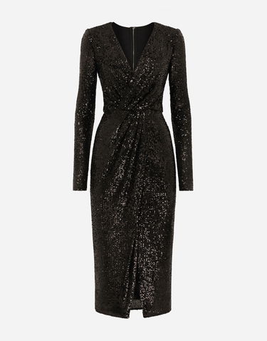 Šaty Dolce & Gabbana Sequin Calf-Length Dress Čierna | F6DHFTFLUBWN0000, 0