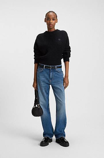 Sveter BOSS Relaxed-fit knitted sweater with Happy HUGO badge Čierna | 50548138, 1