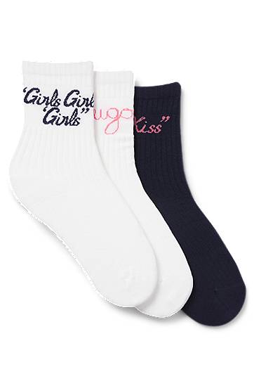Ponožky BOSS Three-Pack Ribbed Ankle Socks with Slogans Biela | 50543152