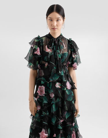 Šaty Dolce & Gabbana Dolce & Gabbana Rose Print Chiffon Calf-Length Dress with Ruffles Čierna | F6B3ITIS1XAHN5IZ, 3