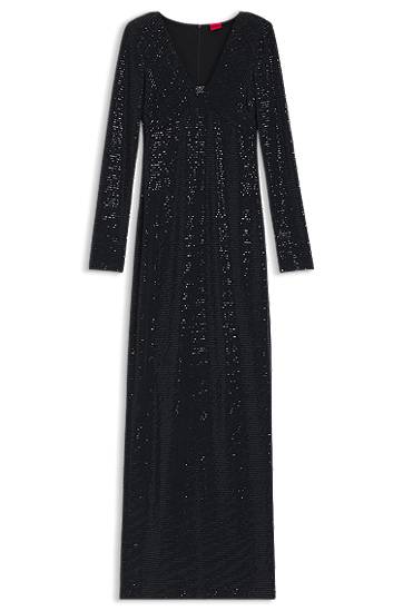 Šaty BOSS Sparkly-jersey long-sleeved maxi dress with stacked-logo neckline Čierna | 50546245