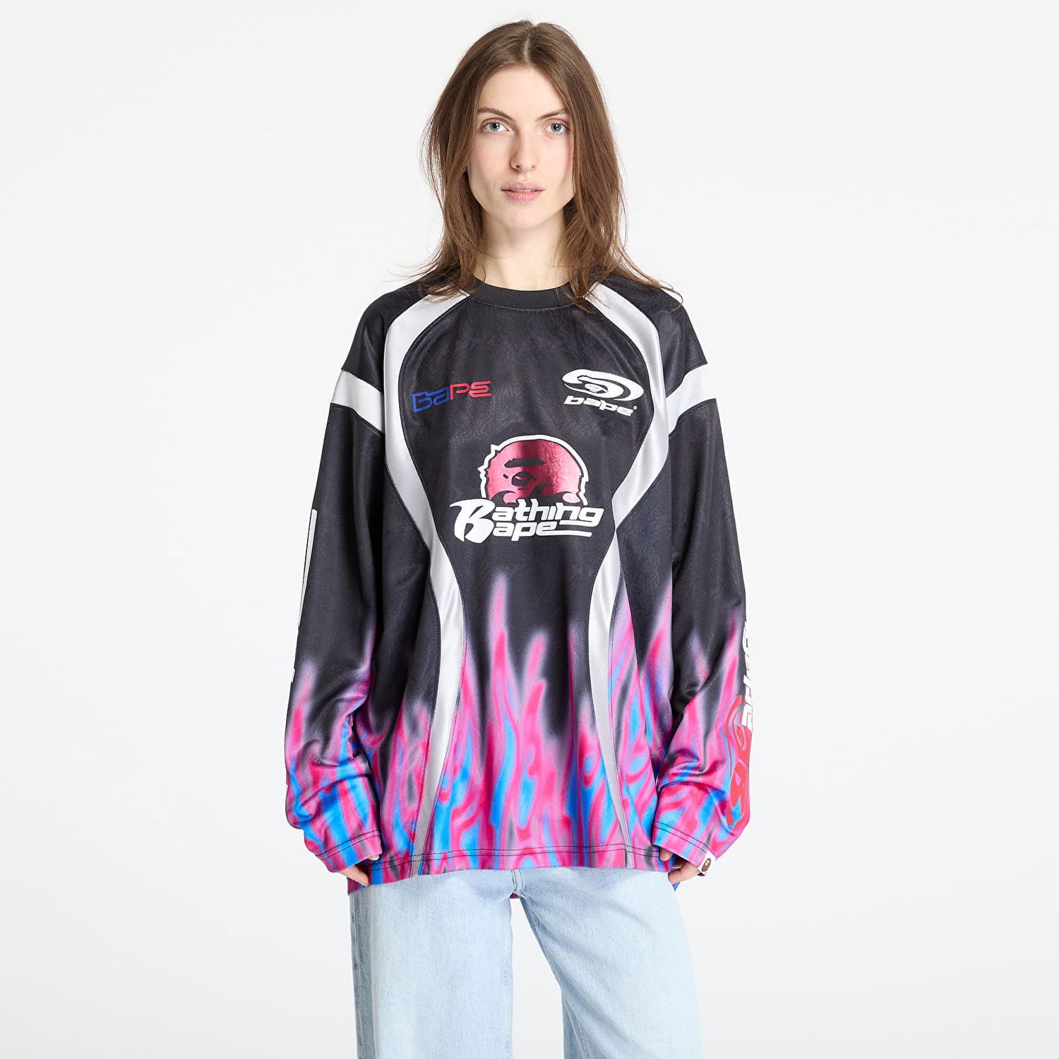 Dres BAPE A BATHING APE Flame Pattern Relaxed Fit Football Jersey Čierna | 001LTL301310MBLK, 0