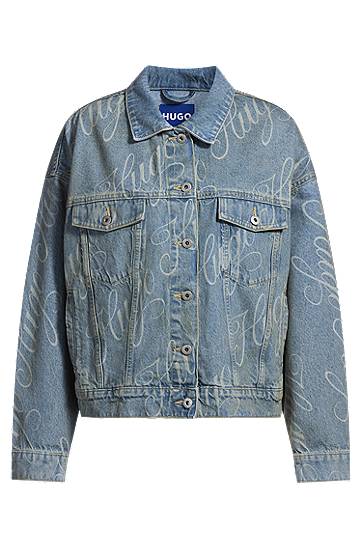 Bunda BOSS HUGO Boxy Fit Logo Print Denim Jacket Modrá | 50534757