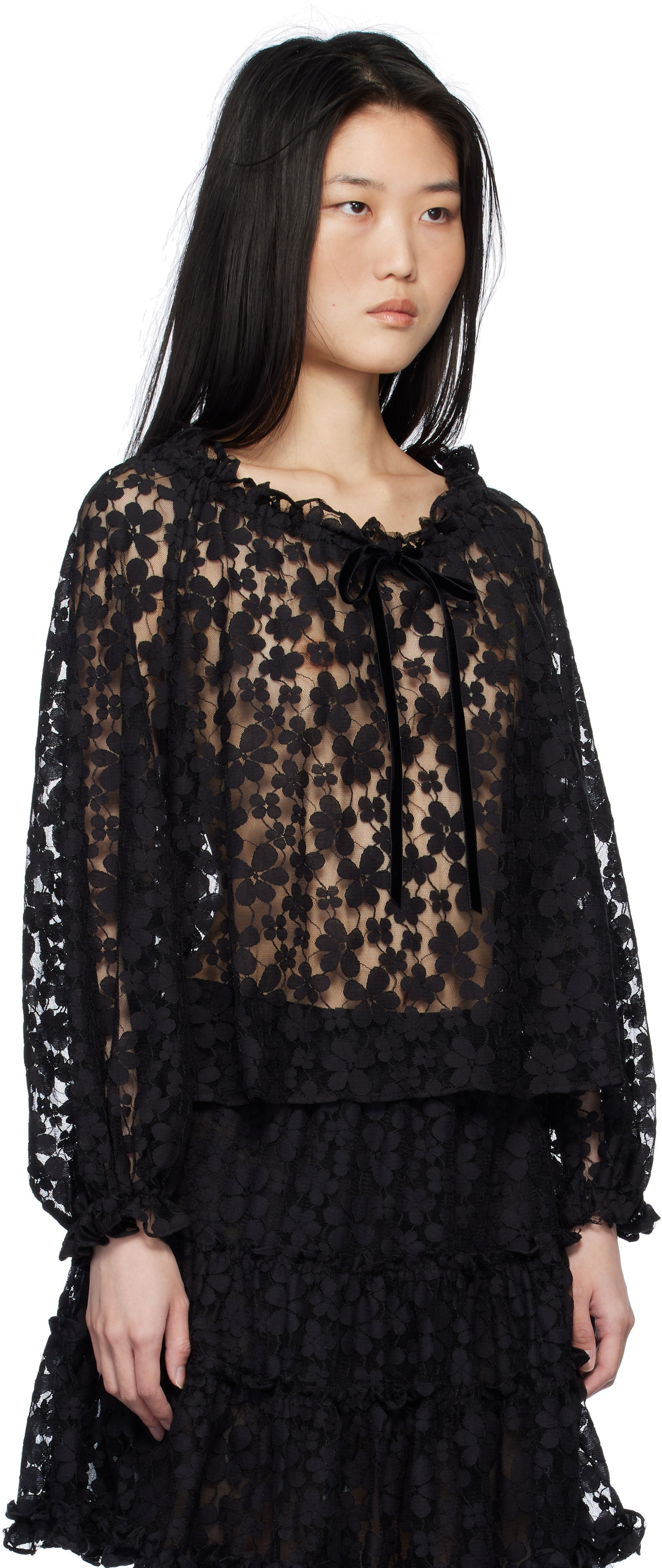 Shadow Blossom Elastic Lace Blouse