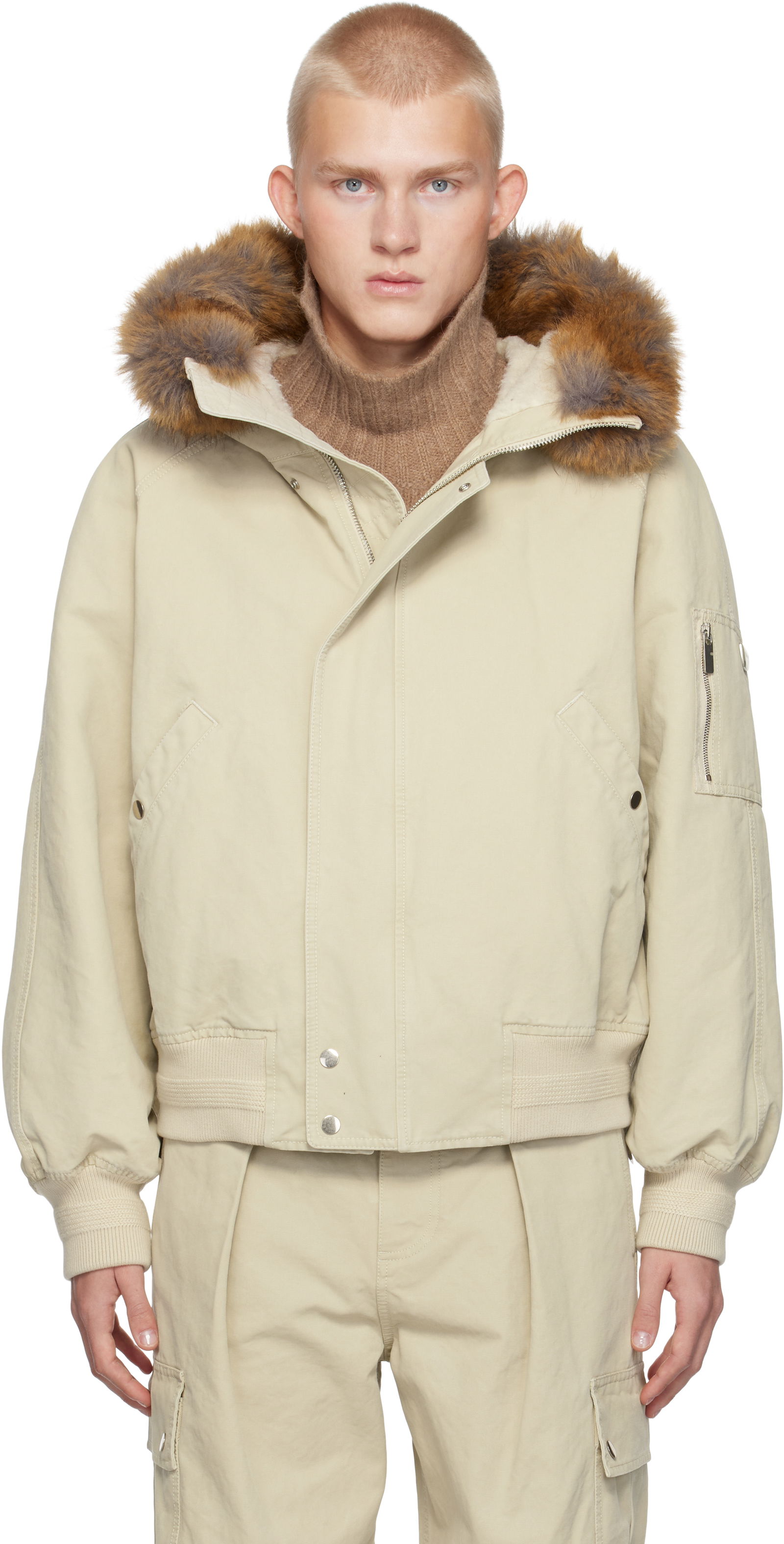 Faux-Fur Trim Cotton Bomber Jacket