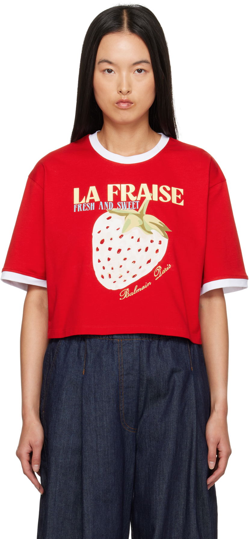 Crop Top Balmain Strawberry Print Cropped T-shirt Červená | DF0EE020GE28