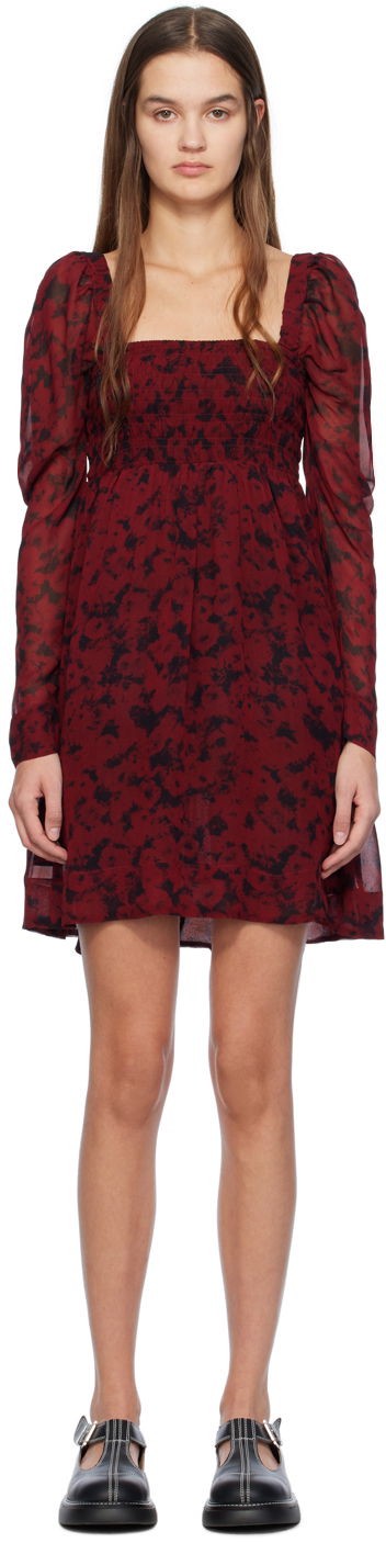 Šaty GANNI Floral Print Smocked Mini Dress Vínová | F8725, 0