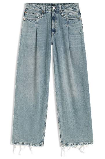 Džínsy BOSS Wide-leg jeans with front pleats and frayed hems Modrá | 50542435