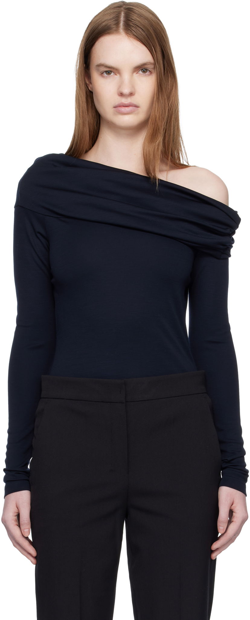 Košeľa Max Mara Draped Off-Shoulder Long-Sleeve Blouse Navy | 2611941028600